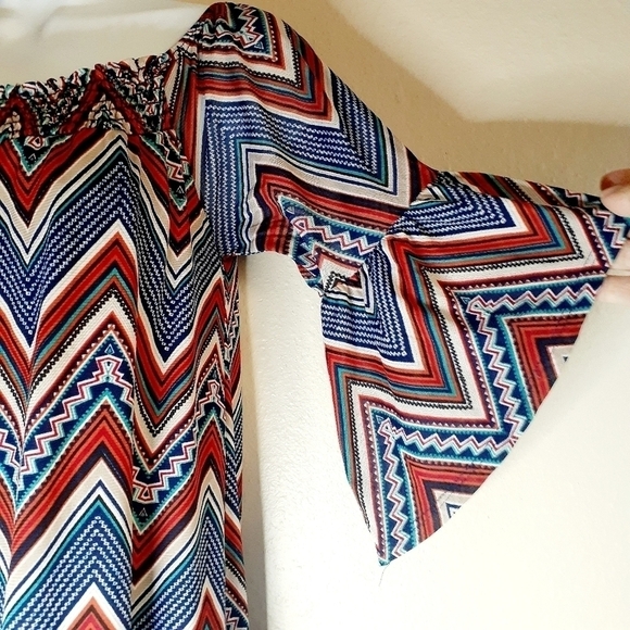 Naif Woman's Chevron Print Flounce Sleeves Smocked Neck Shift Tunic Dress Size S - Picture 9 of 16